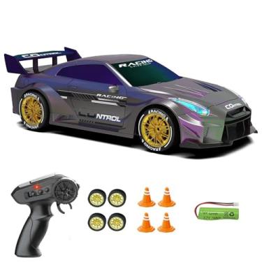 Imagem de Carro RC Drift 1/24 2,4 GHz 4WD Controle Remoto Esportivo Corrida, Baterias e Pneus Drift (GTR Roxo)