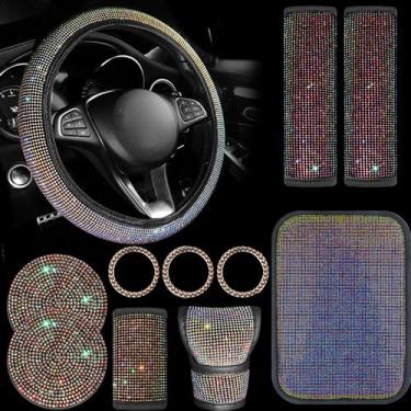 Imagem de Conjunto de Acessórios para Carro 11 Peças Capa Volante com Strass Marcha Bling Freio Mão Cinto Segurança Anéis Decoração Botão Partida Porta-Copos Almofada Braço do Interior Ajuste Universal Premium