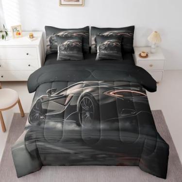 Imagem de Erosebridal Jogo de cama Queen com carro de corrida, 7 peças, para crianças, meninos, adolescentes, preto (1 edredom 1 lençol com elástico, 1 lençol de cima, 2 fronhas e 2 fronhas)