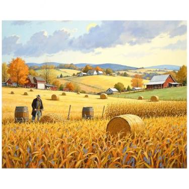 Imagem de Kit de pintura de fazenda colheita por números para adultos - DIY paisagem campestre com agricultor, celeiros e fardos de feno pintura em tela 40,6 x 50,8 cm, conjunto de tinta acrílica, arte de