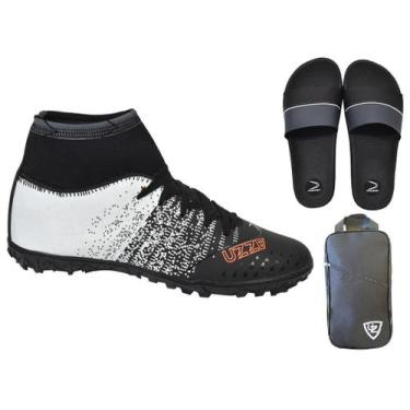 Imagem de Chuteira Society Botinha Adulto Costurada + Bolsa de Mão + Chinelo Sli