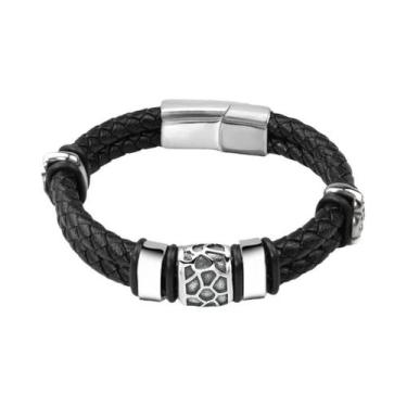 Imagem de Pulseira Masculina De Couro Trançado Marrom Com Aço Inoxidável 316L, J