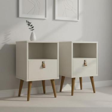 Imagem de Kit 2 Mesas de Cabeceira Off White Retrô com Gaveta e Nicho