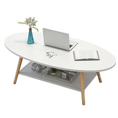 Imagem de Mesa de centro para sala de estar, mesa de centro de fazenda, mesa superior oval de 2 níveis, mesa de centro de madeira com prateleira, fácil de montar