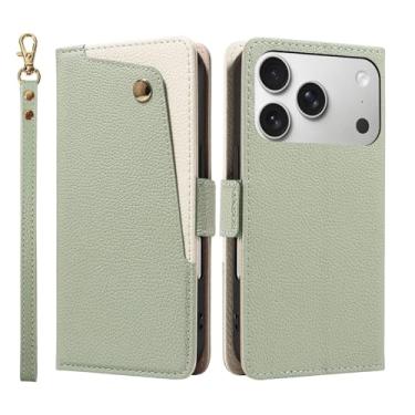 Imagem de Genérico Capa de couro com espelho para iPhone 17/17 Air/17 Pro/17 Pro MAX, capa com tampa e pulseira, suporte dobrável e proteção tudo incluído (verde, 17 Pro)