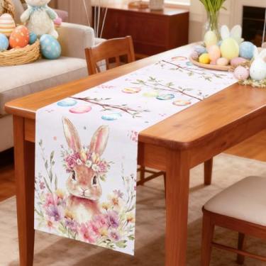 Imagem de Caminho de mesa de Páscoa, guirlanda de aquarela padrão de ovo de coelho, decoração de casa de fazenda rústica suprimentos de cozinha para interior ao ar livre jantar feriado celebração decoração de