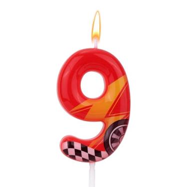 Imagem de Vela de aniversário temática de carros de corrida, vela vermelha com número de relâmpago, topo de bolo perfeito e artigos de decoração de aniversário e festa temática (número 9)