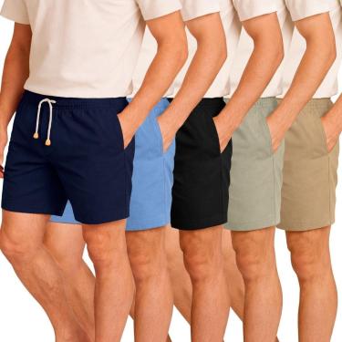 Imagem de Kit 5 Bermuda Masculina em Linho com Cintura Elástica Cordão Ajustável e Bolsos-Masculino