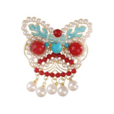 Imagem de Broche de dança de leão em estilo chinês com pérolas e miçangas vermel