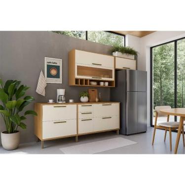 Imagem de Cozinha Completa Syrah 5 Portas 4 Gavetas MDF 120cm Amêndoa e Off White com Pés Reguláveis