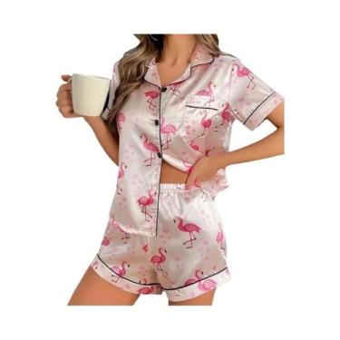 Imagem de Conjunto De Pijama Feminino De Cetim Com Estampa De Corações, Blusa De