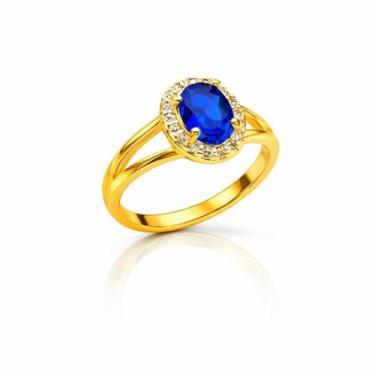 Imagem de Anel Formatura Cristal Azul Cravejado Zircônia Banhado a Ouro 18k TAMA