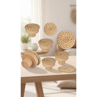Imagem de Kit 6 Puxadores Madeira e Rattan Artesanal 4x3cm - Congratulations Sto