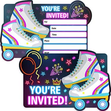 Imagem de Convites de festa de aniversário de patinação para meninas – Convites de festa de patinação com patins – 30 cartões de convite com envelopes