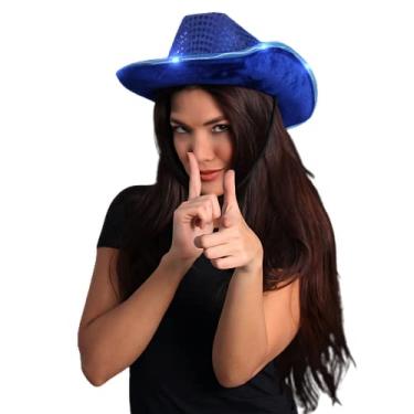 Imagem de blinkee Chapéu de cowboy piscante de LED com lantejoulas azuis chapéu azul para mulheres e homens
