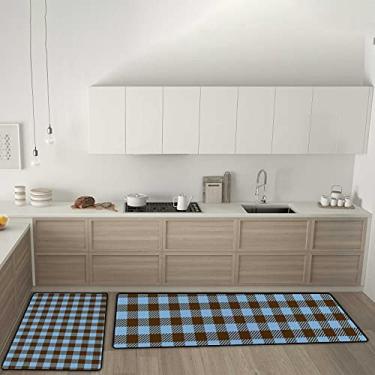 Imagem de Tapetes de cozinha retrô, marrom, azul, antiderrapante, conjunto de 2 tapetes de cozinha, antifadiga, confortável, para sala de jantar, lavanderia, escritório