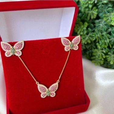 Imagem de Conjunto Colar +brinco Borboleta Em Banho De Ouro 18k