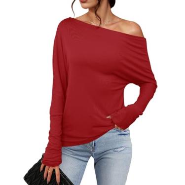 Imagem de Meetrendi Camiseta feminina assimétrica de manga comprida moderna sexy com ombro de fora 2024 camiseta túnica casual solta lisa, Vermelho, M
