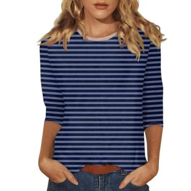 Imagem de Camisetas femininas listradas colorblock manga 3/4 comprimento gola redonda blusas casuais moda verão 2024 moda túnica elegante, X1 - Cinza, GG