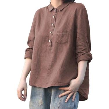 Imagem de Camisetas femininas de linho com gola e lapela e manga comprida femininas casuais de cor sólida verão na moda tops de botão com bolsos, Marrom, 4G
