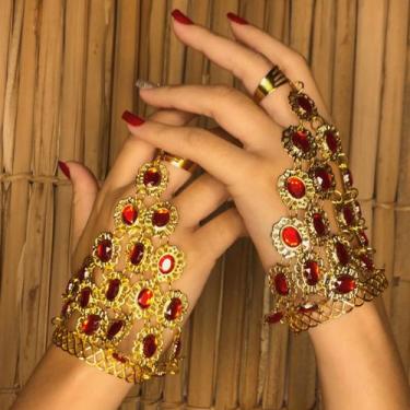 Imagem de Par Pulseira Com Anel e Pedrarias Vermelhas Dança do Ventre - AB23 - A