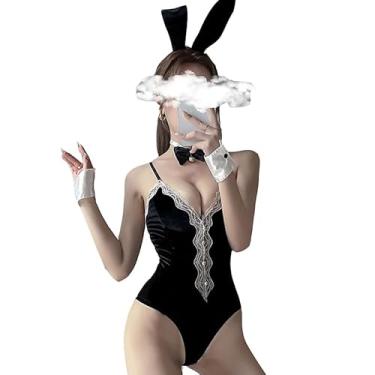 Imagem de Fantasia feminina sexy de coelhinho cosplay de veludo renda coelhinha anime lingerie peça única body com orelhas de coelho