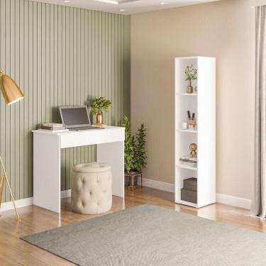 Imagem de Conjunto 1 Mesa Escrivaninha 1 Gaveta Sevilha e 1 Estante Livreiro Modular 4 Nichos Delta Branco
