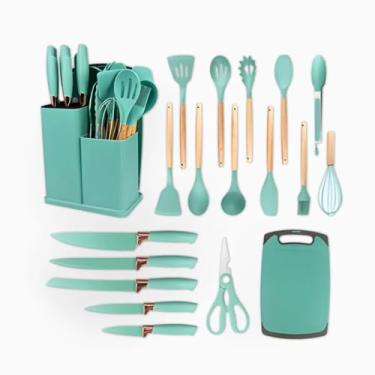 Imagem de Kit Completo de Utensílios de Cozinha em Silicone com 19 Peças – Cabos de Madeira, Concha, Espátula, Colher, Suporte, Faca Antiaderente, Tábua, Tesoura e Faqueiro