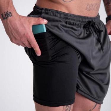 Imagem de Bermuda Masculina Academia Exercícios Dryfit 2em1 com Bolso e Suporte 