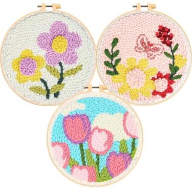 Imagem de Allazone - Conjunto De 3 Kits Iniciais Para Bordado Com Agulha Punção, Padrão Floral, Ferramenta, Passador Linha, Tecido, Bastidor, Fio Artesanato E Decoração Casa