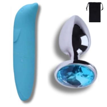 Imagem de Kit Vibrador Feminino Golfinho Estimulador de Clitóris + Plug Anal Pedra de Cristal P - Sex Shop (Azul)