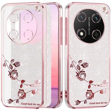 Imagem de Yarxiawin Capa de telefone para Honor Magic 7 Lite Slim Aesthetic, efeito glitter para Honor Magic 7 Lite capa transparente silicone macio Shockpooof capa rosa floral para mulheres (prata-rosa)