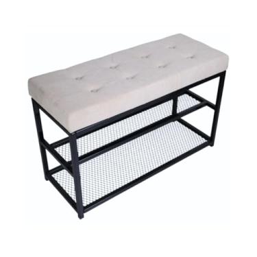 Imagem de Banco Sapateira 80cm Industrial Estofado Boucle Capitone Botonê Macio Com Tela Hall De Entrada 8 Pares (Off White)