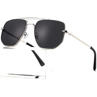 Imagem de AIEYEZO Óculos De Sol Aviador Quadrado Para Homens E Mulheres, Moda Vintage, Lentes Com Corte Diamante, Clássico, Militar, Piloto, Tons Degradê (Prata/Cinza)