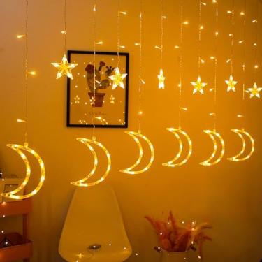 Imagem de Cortina de Luzes de Natal com Estrelas 138 Luzes de LED com 2,5 Metros 8 Funções de Pisca Luz de Fada para Decoração de Quarto Branco Quente (110, Volts)