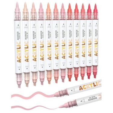 Imagem de Guangna 12 marcadores de tinta acrílica de ponta dupla rosa, ponta de pincel e ponta de cinzel, canetas de tinta acrílica para rocha, madeira, vidro, papel, livro de colorir, cerâmica, tela, tinta à