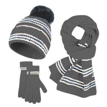 Imagem de Conjunto de gorro feminino, cachecol e luvas, unissex, quente, com estampa fofa, gorro quente, cinza escuro, tamanho único
