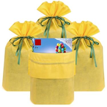 Imagem de Linkidea Pacote com 4 sacos de presente reutilizáveis não tecidos com cordão, bolsa de presente compatível com LEGO, serve para aniversário, Natal e festa (amarelo)