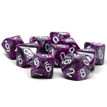 Imagem de Pacote de dez dados D10 – Coleção correspondente de dados poliédricos de plástico com 10 lados (granito roxo e cinza)