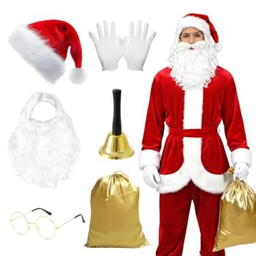 Imagem de HTPARY Acessórios de fantasia de Papai Noel para adultos, branco, Papai Noel, barba e peruca, chapéus, bolsa de óculos, luvas de sino, festa de Natal, Dess Up