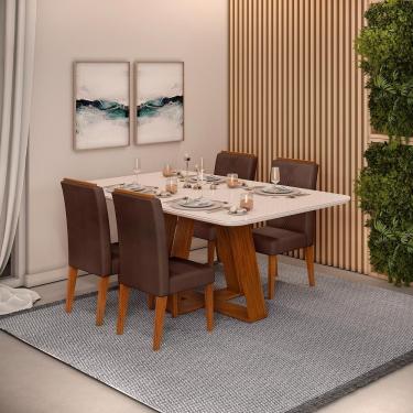 Imagem de Conjunto Sala De Jantar Mesa Com 4 Cadeiras Tampo Curvo 160cm Kiara Freijó/off White Yasmin Veludo Moca - Dj Móveis