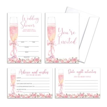 Imagem de Convites para chá de casamento com envelopes, conselhos e desejos de flores cor-de-rosa para o Sr. e a Sra. Convites de chá de noiva de champanhe com laço rosa, presentes de decoração de festa de