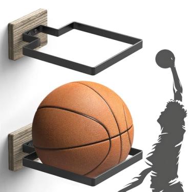 Imagem de MYKASEN 2 peças suporte de basquete suporte de parede com base de madeira, suporte de armazenamento de bola para basquete, futebol, vôlei, acessórios esportivos para meninos, organizador para
