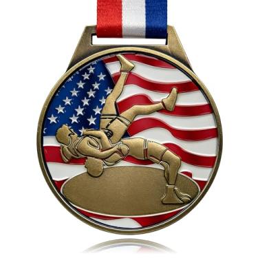 Imagem de YUJUE Medalha de ginástica patriótica - Medalha de luta livre com bandeira americana de liga de zinco de 7,6 cm - Prêmio de prestígio para torneios de luta livre, competições e atletas