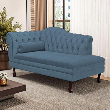 Imagem de Divã Recamier Chaise Longue Lavínia 150cm Capitonê Pés De Madeira Linho Azul - Desk Design