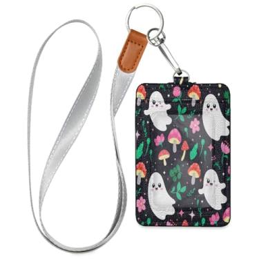 Imagem de Wassud Porta-crachá de couro PU Ghosts AMD Mushrooms com cordão, porta-cartão de identificação para trabalho, cordão de pescoço com compartimentos para cartões de crédito, funcionários, estudantes