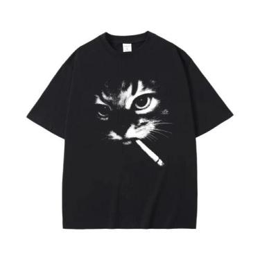 Imagem de Camiseta Gráfica Vintage Oversized Com Estampa De Gato Fumando Para Ho