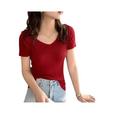 Imagem de Suéter Feminino Slim De Verão Com Decote Em V E Mangas Curtas Em Tricô