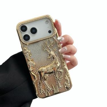 Imagem de FLIRACON Capa de telefone brilhante diamante 3D Milu Deer compatível com capa de iPhone (ouro, para iPhone 16 Pro Max)