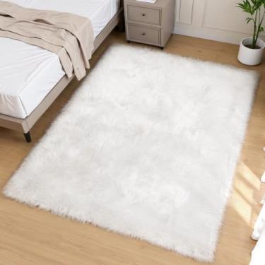 Imagem de Goolela Tapete felpudo de pele sintética fofo, lavável, branco, 12,7 x 20,3 cm, tapete grande de pele de carneiro para sala de estar, quarto, quarto infantil, berçário, tapete macio, decoração de casa, retangular